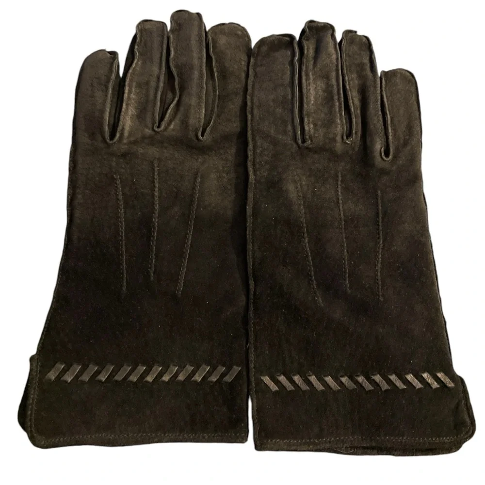 Vintage black suede gloves with fleece lining and braid trim, L, EUC